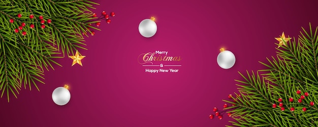 Banner navideño con rama de pino bola navideña blanca Barris roja y estrella