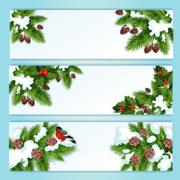 Banner navideño con ramas de abeto y bayas de acebo