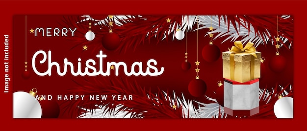 Banner navideño realista con decoración blanca y dorada.