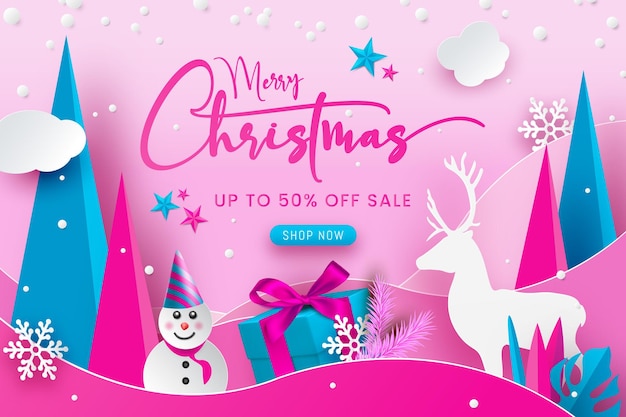 Banner navideño realista con decoración rosa y azul