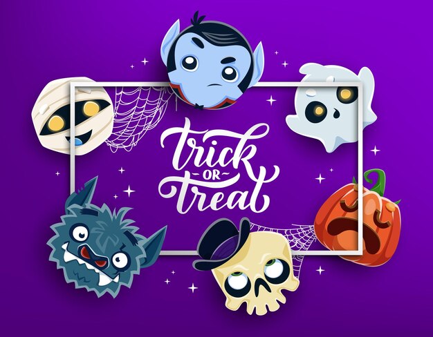 Vector banner navideño de truco o trato de halloween con divertidos emojis de monstruos espeluznantes de dibujos animados vector lindo fantasma calabaza cráneo y momia horror drácula vampiro y hombre lobo cartel de personajes de halloween