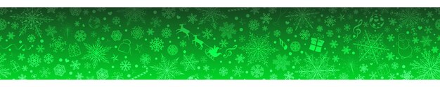 Banner navideño de varios copos de nieve y símbolos festivos en colores verdes