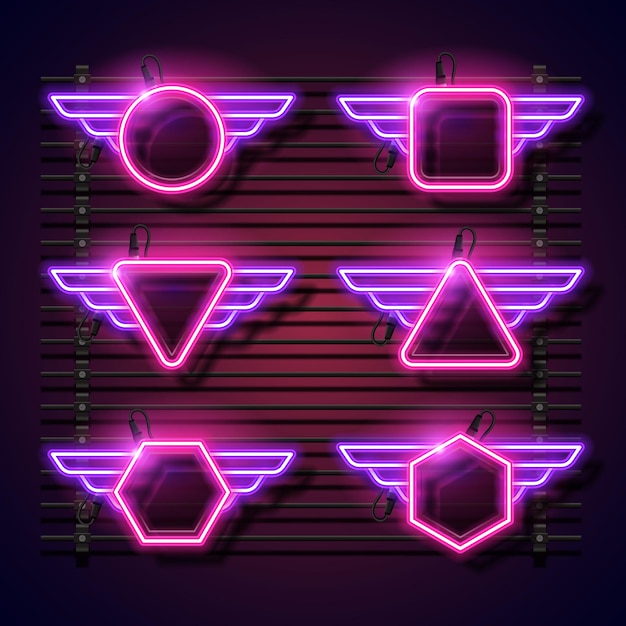 Banner de neón de geometría con las alas. Diseño de banner retro. Banner en blanco.