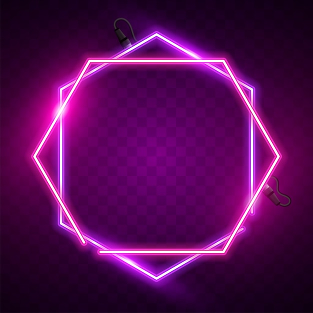 Banner de neón hexagonal rosa y morado.