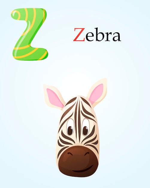 Banner para niños con la letra Z del alfabeto inglés y la imagen de dibujos animados de la cabeza de cebra rayada