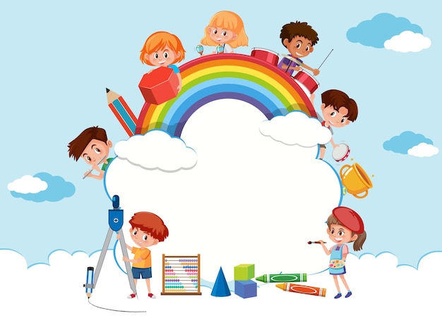 Banner de nube vacía con dibujos animados de niños de escuela