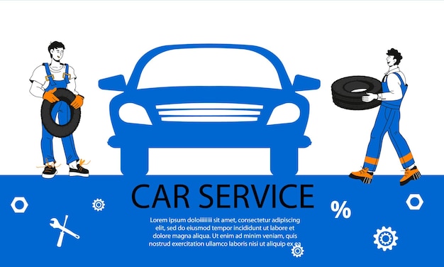 Vector banner o folleto del servicio de reparación de automóviles servicio de mantenimiento de automóviles y vector de taller de neumáticos