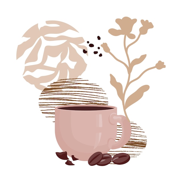 Banner o fondo de tarjeta con taza de café y elementos decorativos abstractos ilustración de vector plano aislado Bebida de café y frijoles
