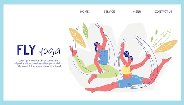 Banner o plantilla de póster del sitio web del estudio de fitness de yoga aéreo o con mosca Banner de yoga aéreo con mosca en una ilustración de vector plano de hamaca con personajes femeninos