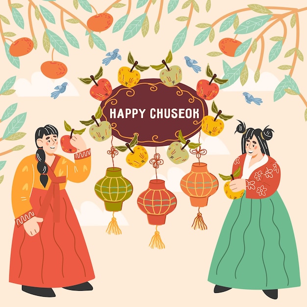Banner o tarjeta de vacaciones del Día de Acción de Gracias de Chuseok coreano con vector de chicas lindas