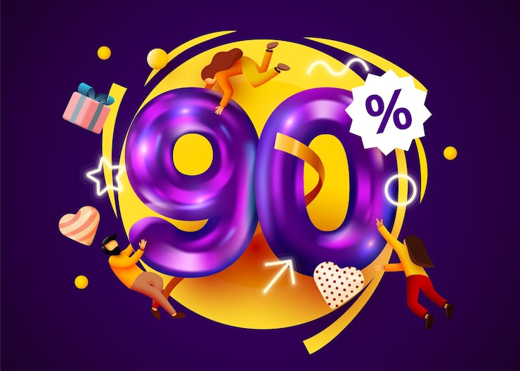 Vector banner de oferta especial de descuento de porcentaje de mega venta con promoción de personas voladoras