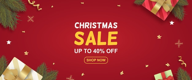 Banner de oferta especial de venta de navidad realista con regalos y ramas