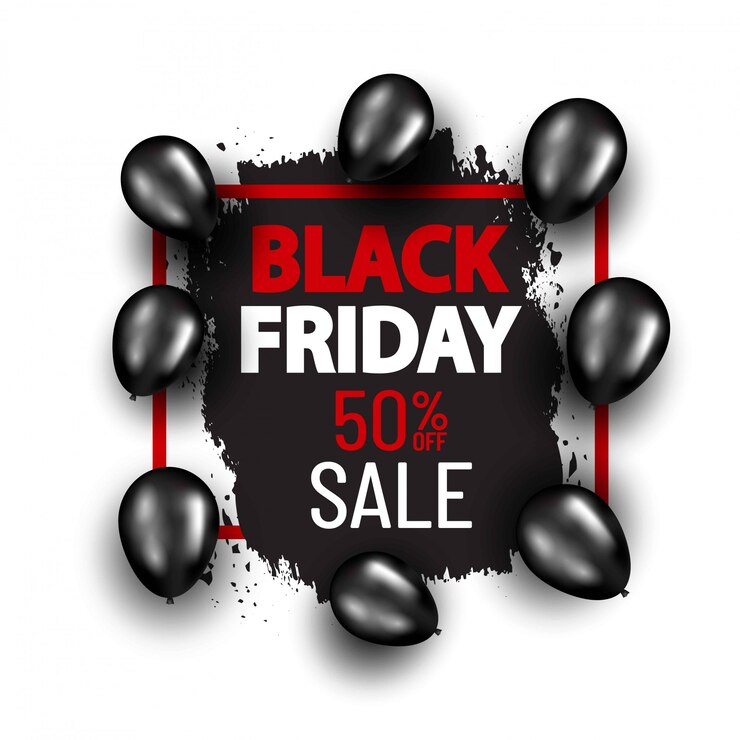 Banner de oferta especial de viernes negro con globos negros. Concepto de banner comercial