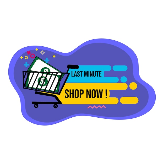 Vector banner de oferta de último minuto con ícono de carrito de compras que trae insignia de publicidad de cuenta regresiva de dinero