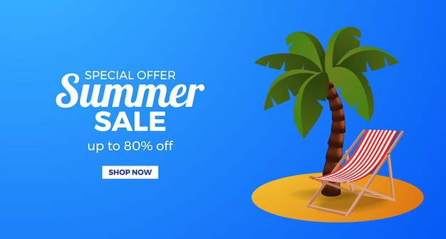 Banner de oferta de venta de verano con cocotero y silla en isla tropical