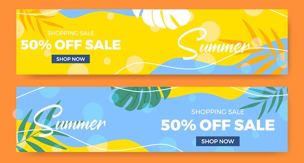 Vector banner de oferta de venta de verano con hojas tropicales en estilo