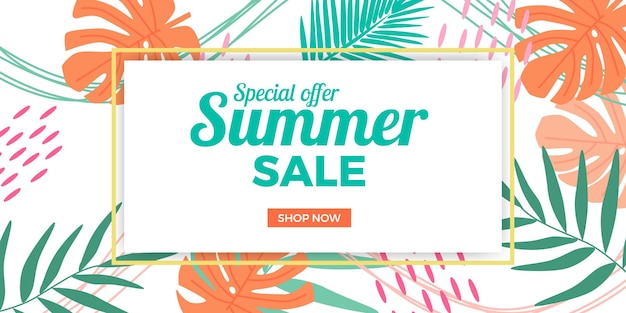 Vector banner de oferta de venta de verano con hojas tropicales.