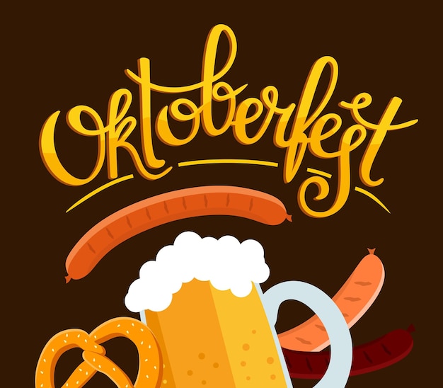 Banner oktoberfest inscripción manuscrita con la imagen de una jarra de cerveza con pretzel de espuma