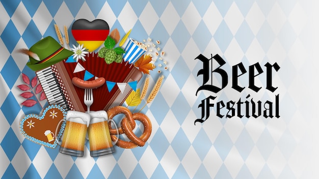 Banner de oktoberfest con jarras de cerveza de acordeón pretzel y hojas de otoño