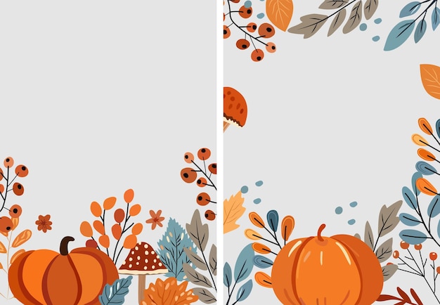 Banner de otoño con composición de calabaza con hojas coloridas, setas de frutos rojos, vector