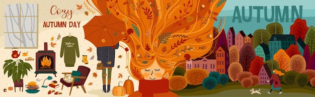 Banner de otoño con gente y naturaleza artes gráficas y texturas dibujadas a mano diseño vectorial