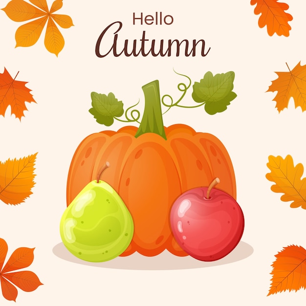 Banner de otoño con hojas de calabaza manzana y pera