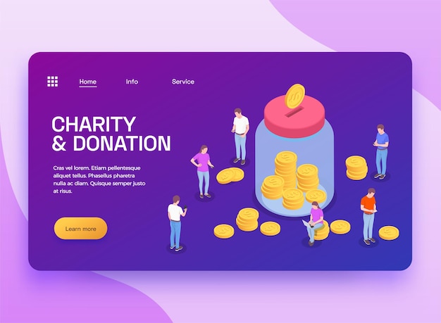 Banner de página de destino isométrica de voluntariado de donación de caridad