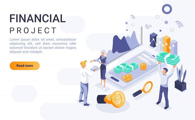 Banner de página de destino de proyecto financiero con ilustración isométrica