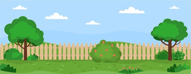 Banner con paisaje de jardín Árboles arbustos hierba flores césped Patio trasero de la casa
