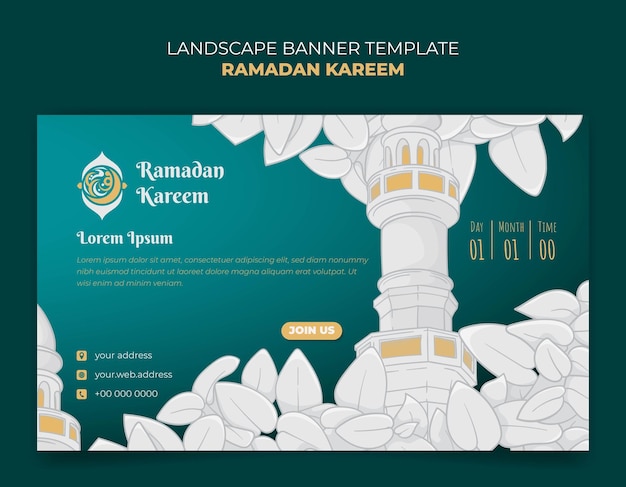 Banner de paisaje de ramadan kareem con minarete de mezquita blanca y diseño de fondo de hojas blancas