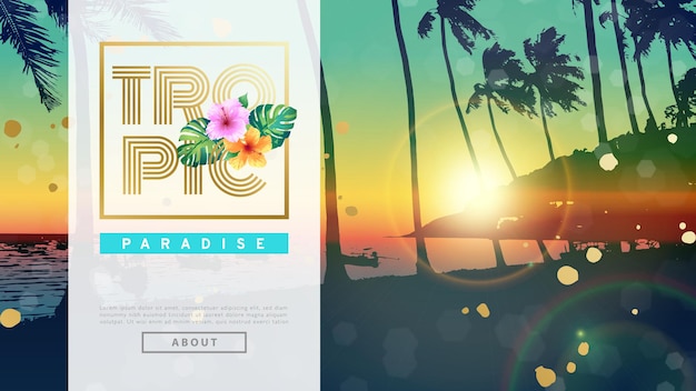 Vector banner de paraíso tropical con palmeras y playa al atardecer