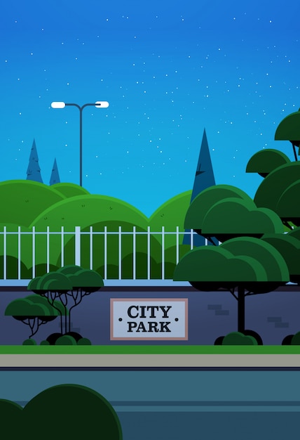 Banner del parque de la ciudad en la valla hermoso paisaje nocturno vertical de fondo