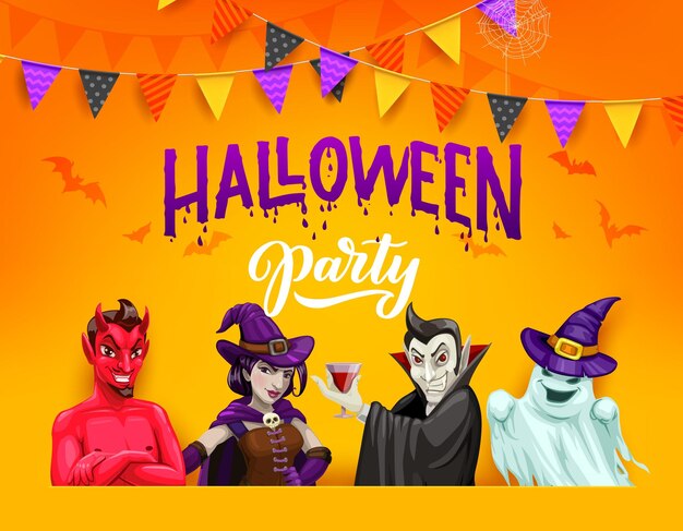 Vector banner de parte de halloween con personajes de dibujos animados