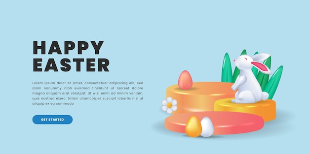 Vector banner de pascua feliz con conejito lindo 3d en el concepto de ilustración de exhibición de producto de podio