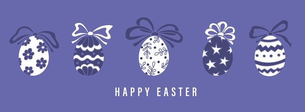 Banner de Pascua feliz Diseño de moda de Pascua con huevos de Pascua dibujados a mano con lazos atados