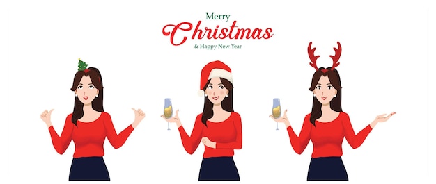 Banner de personaje de ilustración de mujer de fiesta de oficina de navidad y año nuevo