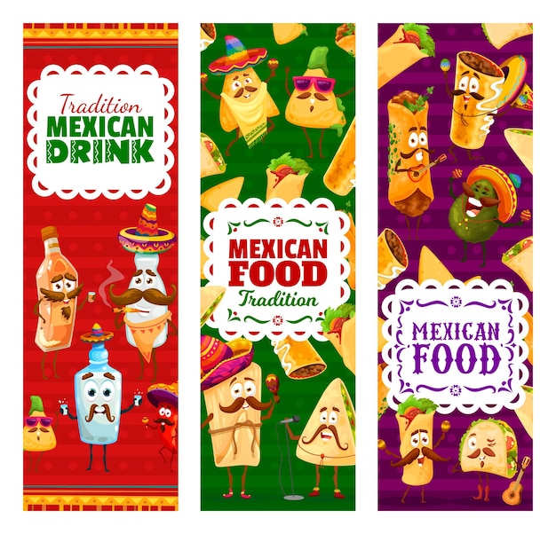 Vector banner de personajes de comida y bebida mexicana de dibujos animados