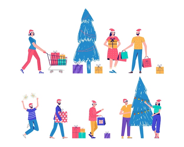 Banner con personas con personas sosteniendo una bolsa de compras para una gran venta navideña. Hombres y mujeres están comprando regalos. Ilustración vectorial en estilo de moda de dibujos animados.vector para publicidad, cupón o vale