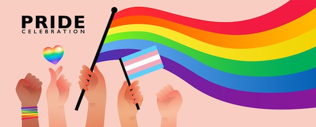 Vector banner de personas que sostienen la bandera del arco iris con las manos en lenguaje de señas representan la celebración del mes del orgullo