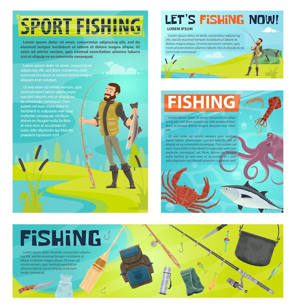 Vector banner de pesca deportiva con pescador y captura de peces.