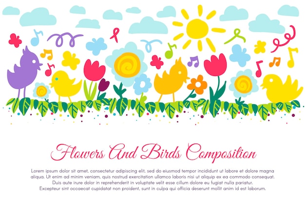 Banner plano de pájaros y flores con copyspace