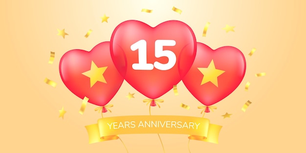 Banner de plantilla de aniversario de 15 años con globos de aire caliente para el 15 aniversario