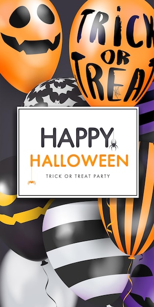 Banner de plantilla con globos 3d con caras Feliz Halloween