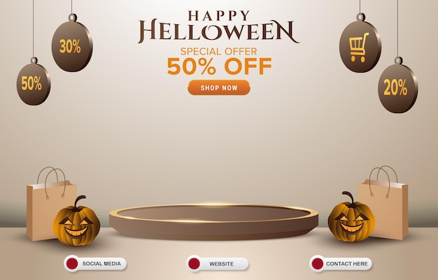 Banner de plantilla de venta de Halloween con podio 3d de espacio en blanco para la venta de productos con diseño de fondo marrón y blanco degradado abstracto
