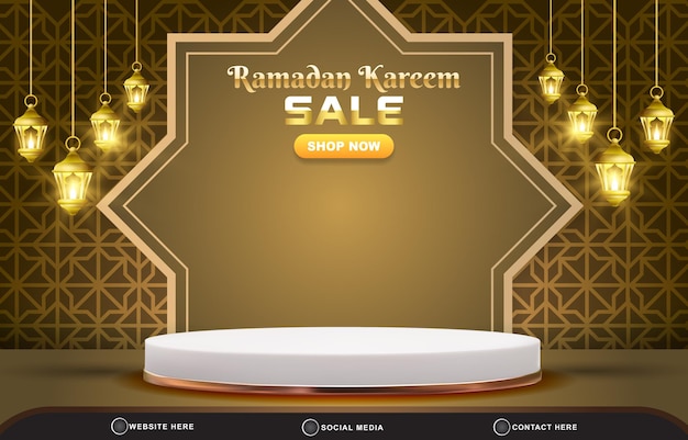 Banner de plantilla de venta de ramadán con podio 3d de espacio en blanco para la venta de productos con fondo marrón y dorado degradado abstracto