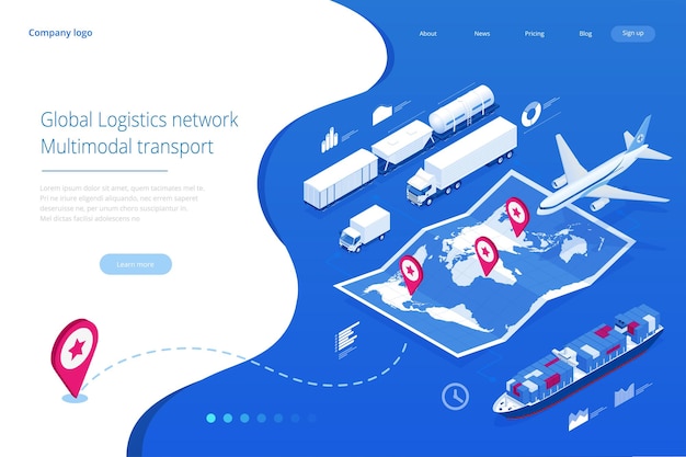 Banner de plantilla web Red de logística global Ilustración isométrica de transporte de carga aérea transporte ferroviario transporte marítimo Entrega a tiempo Vehículos diseñados para transportar grandes cantidades de carga