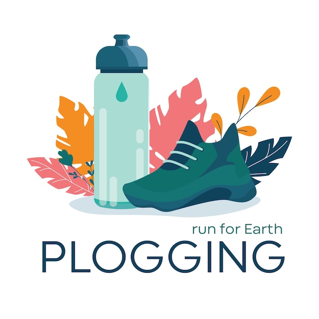 Banner de plogging, correr para el concepto de tierra. Tendencia ecológica moderna,