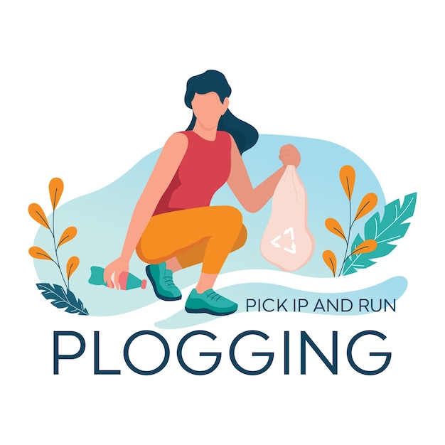 Banner de plogging. Mujer joven recoger una botella de plástico durante el trote en el bosque. Chica recoge basura mientras corre. Estilo de vida ecológico y saludable.