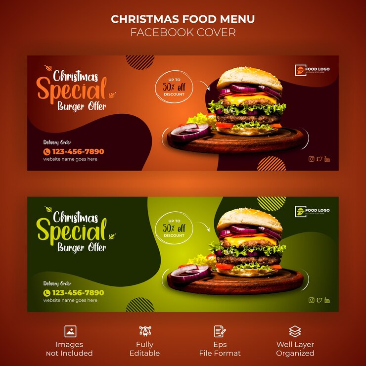 Vector banner de portada de facebook de menú de comida de feliz navidad