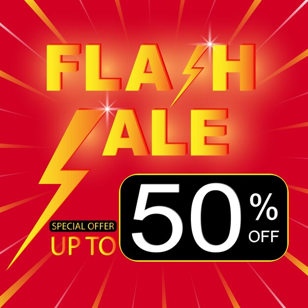 Banner de póster de compras de venta flash con icono de flash y texto de descuento sobre fondo rojo Oferta especial